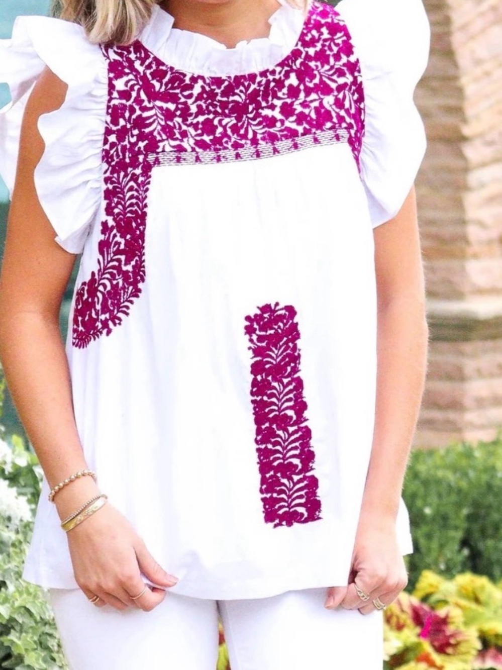 J Marie Game Day Ready White Ruffled Sleeve Tunic with Maroon Embroidery